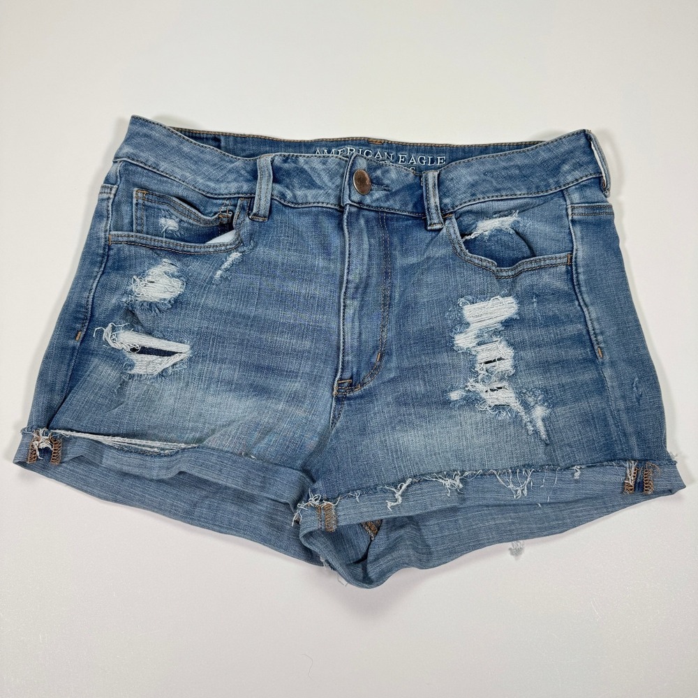 American Eagle Hi-Rise Shortie Womens 12 Light Wash Distressed Super Stretch